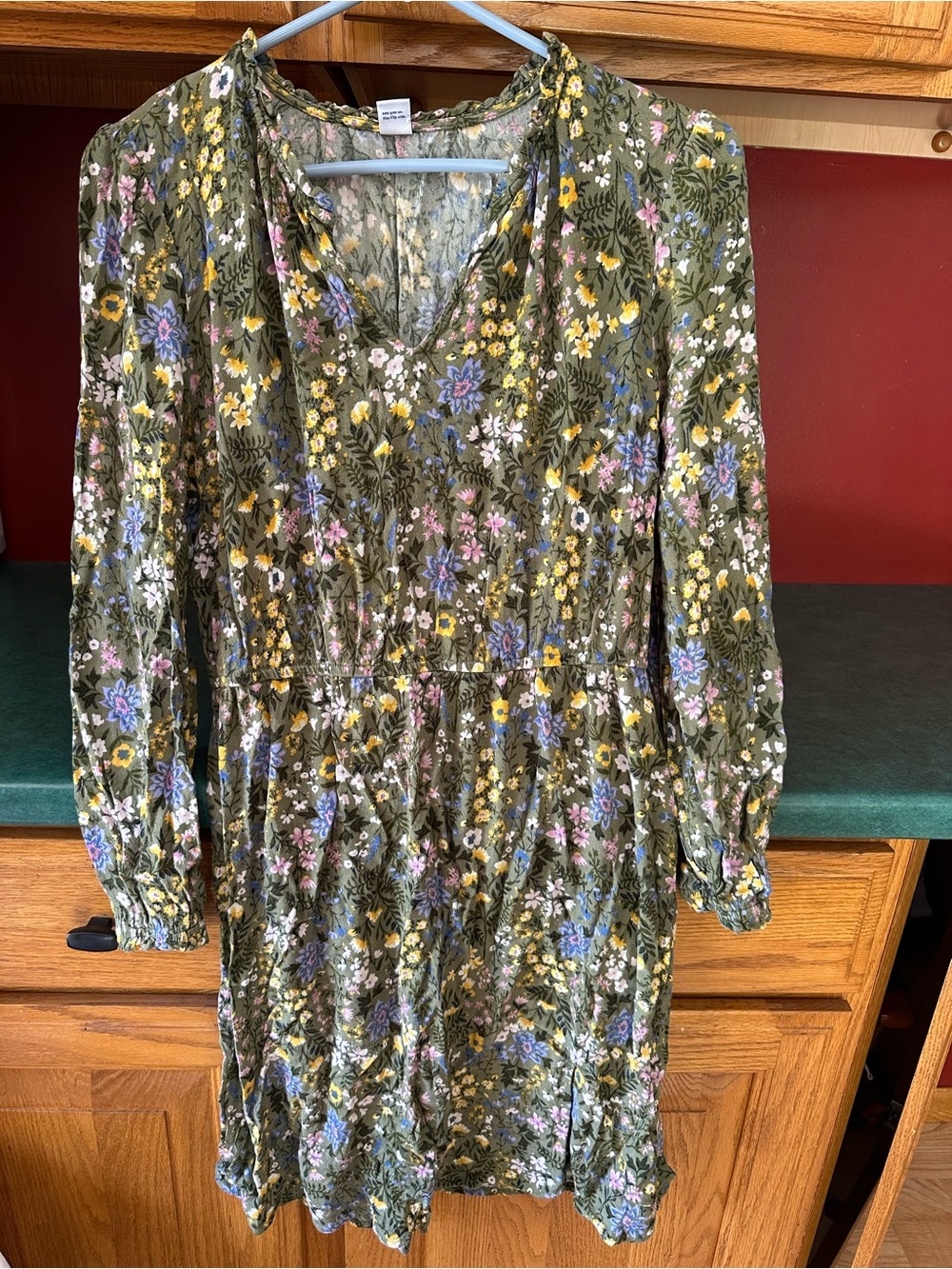 Old Navy Olive Green Floral Long Sleeve Dress